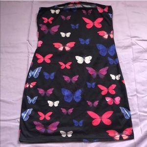 Black strapless butterfly printed mini dress